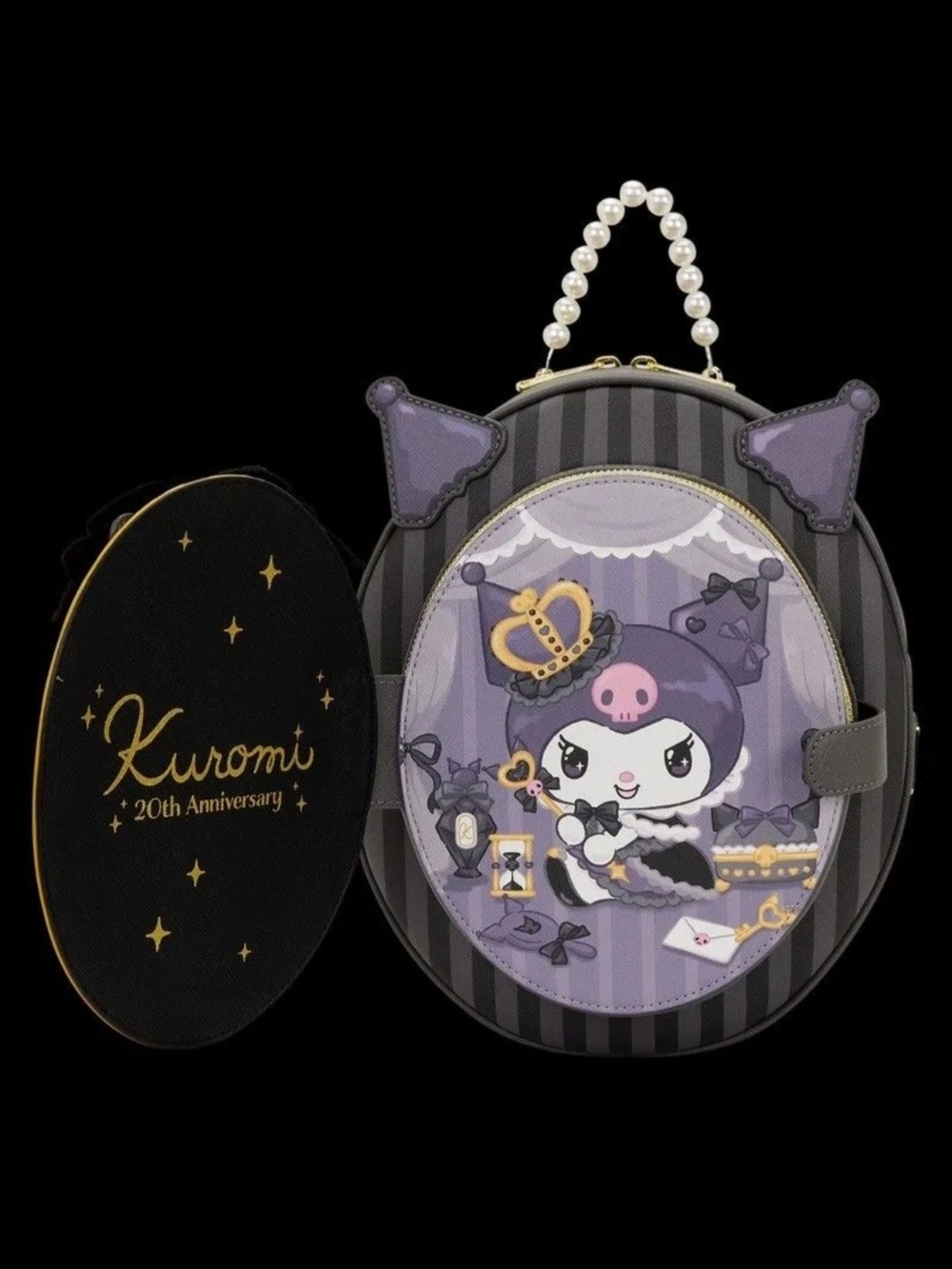 Kuromi 20th Anniversary Round Pearl-Handle Mini Backpack - Black & Purple